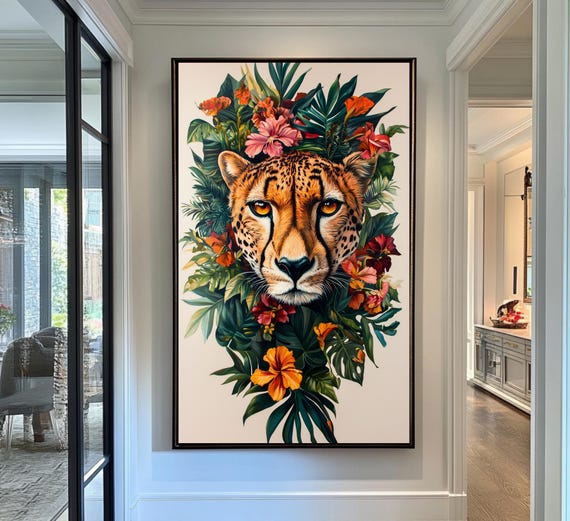 Vibrant Cheetah And Tropical Flowers Art Exotic Wildlife And Floral Wall Decor Bold Jungle Themed Artwork For Home Or Office