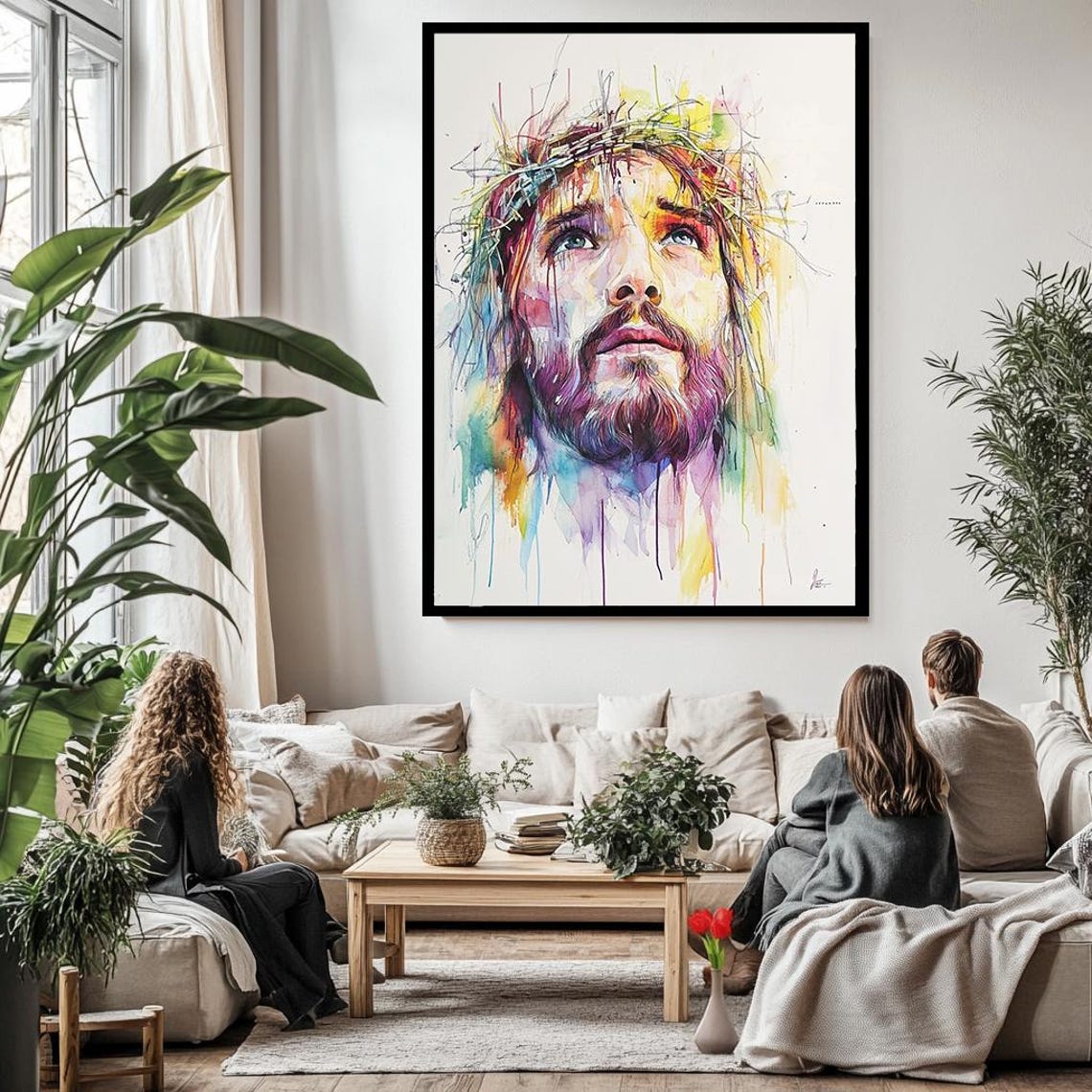 Jesus Wearing Crown Of Thorns Colorful Watercolor Looking Up Poster - Image 3