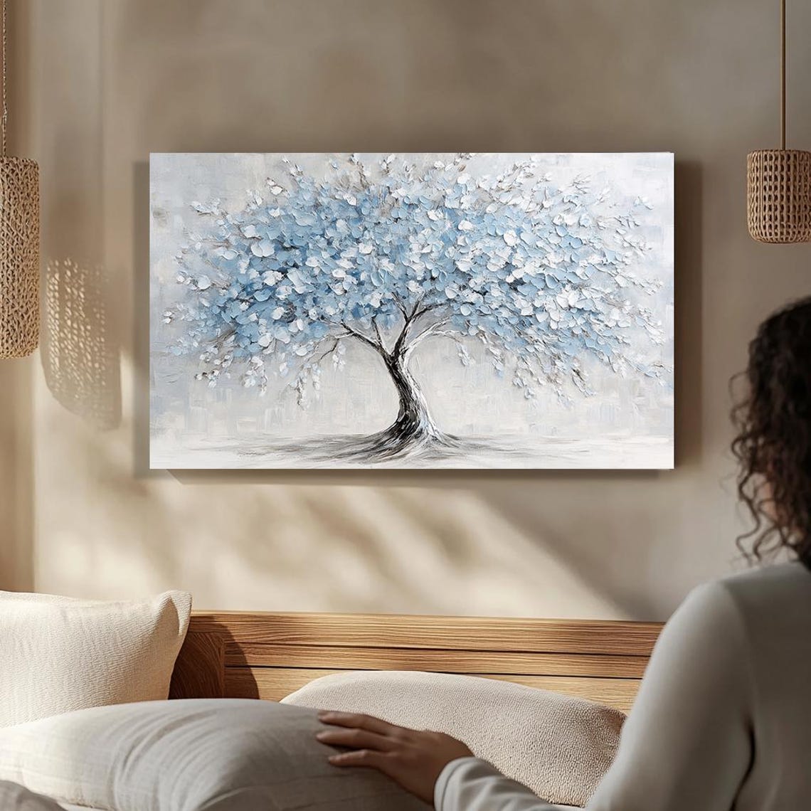 Blue Tree Textured Palette Knife Painting White Light Background Print - Image 5