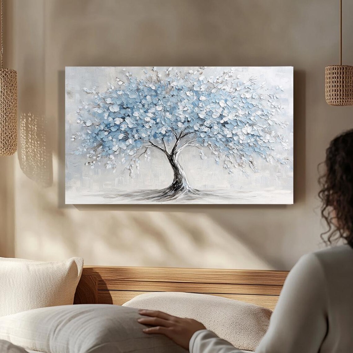 Textured Palette Knife Painting Of Blue Tree Modern Abstract Art Large Wall Decor Hand Painted Tree Artwork For Home Decor - Image 5