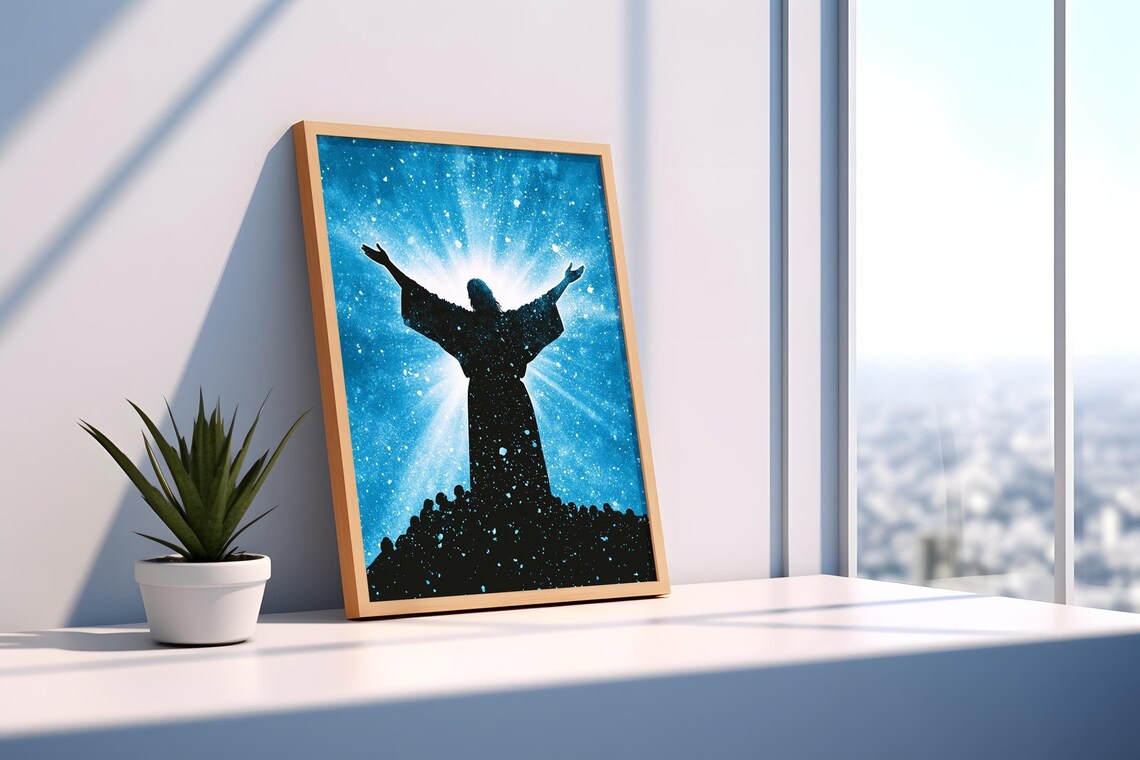 Jesus Christ Silhouette Starry Blue Sky Open Arms Faith Art Wall Poster