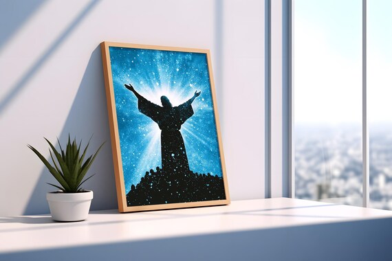 Jesus Christ Silhouette Starry Blue Sky Open Arms Faith Art Wall Poster