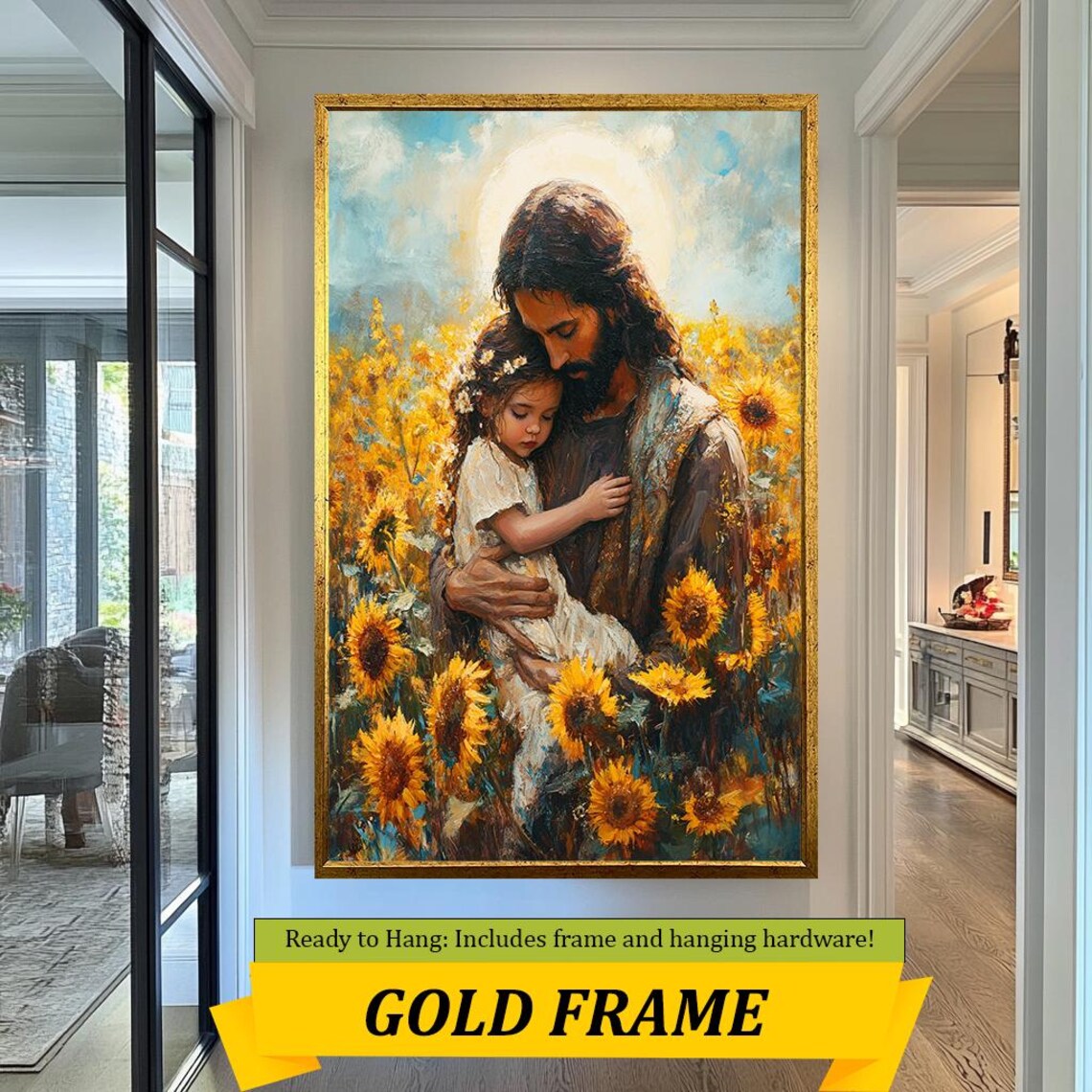 Jesus Embracing Child In Golden Sunflower Field Tender Christian Poster - Image 5