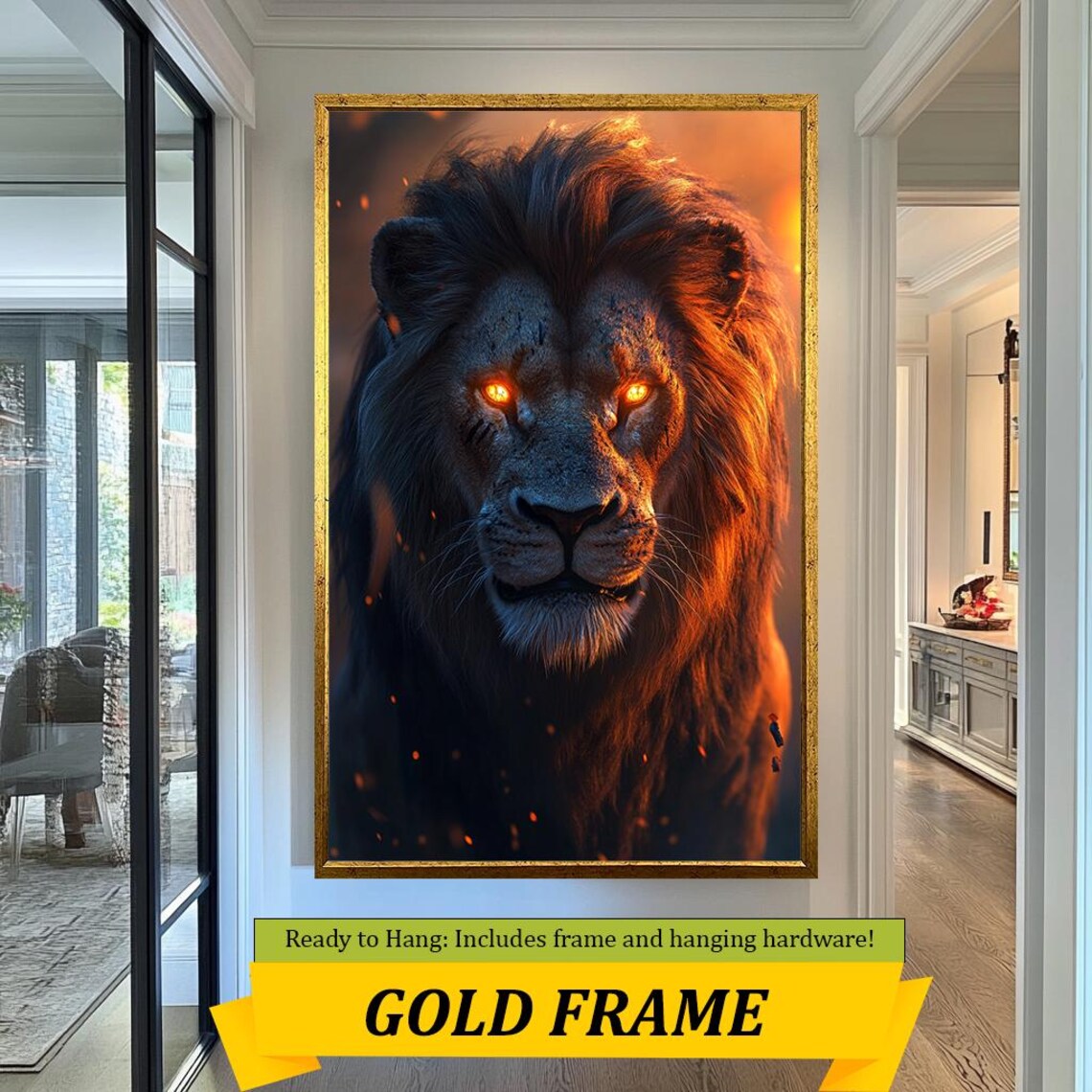 Fiery Lion Portrait Glowing Orange Eyes Dark Dramatic Mane Wall Art - Image 5