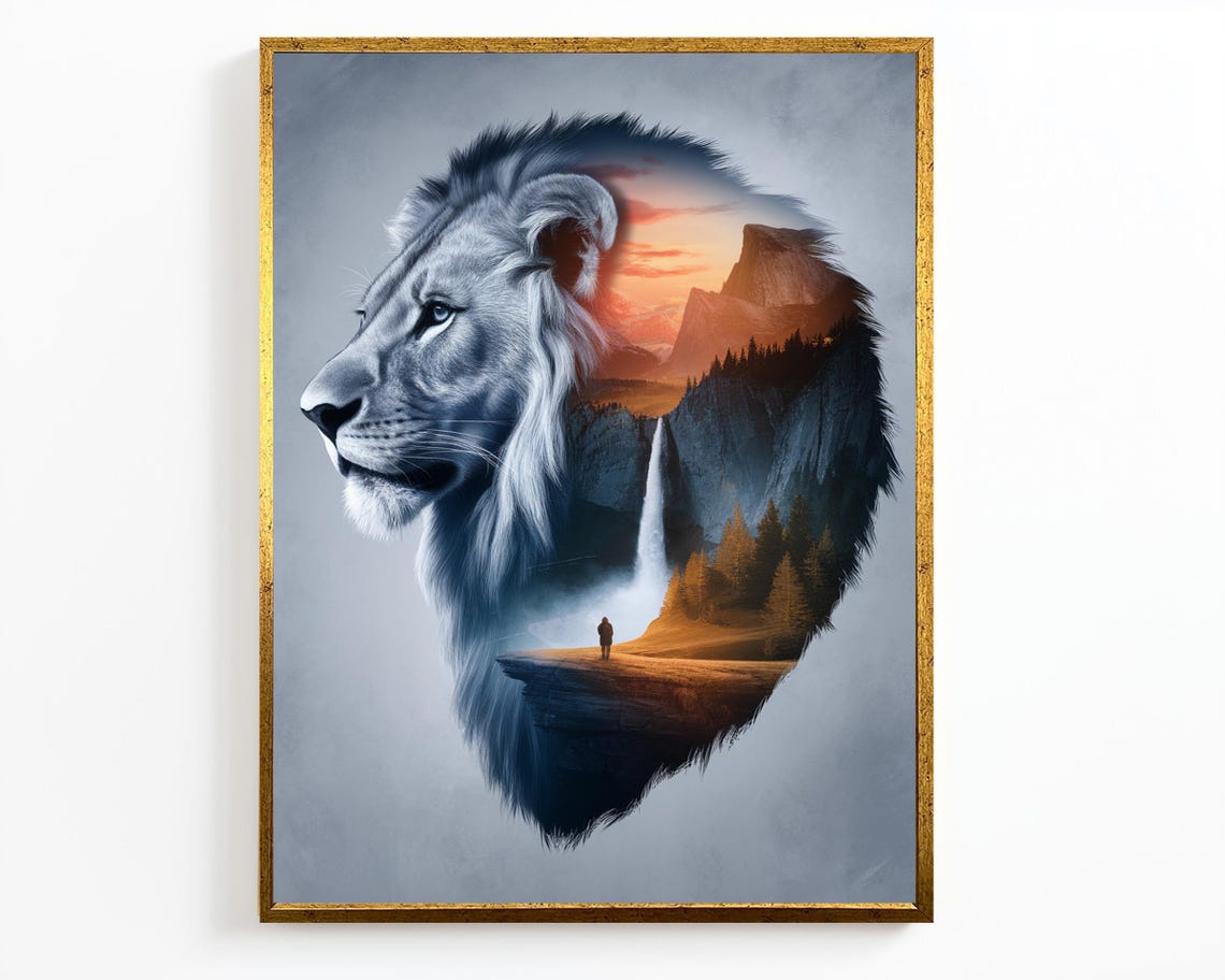 Lion Silhouette Mountain Sunset Waterfall Double Exposure Art Poster - Image 4