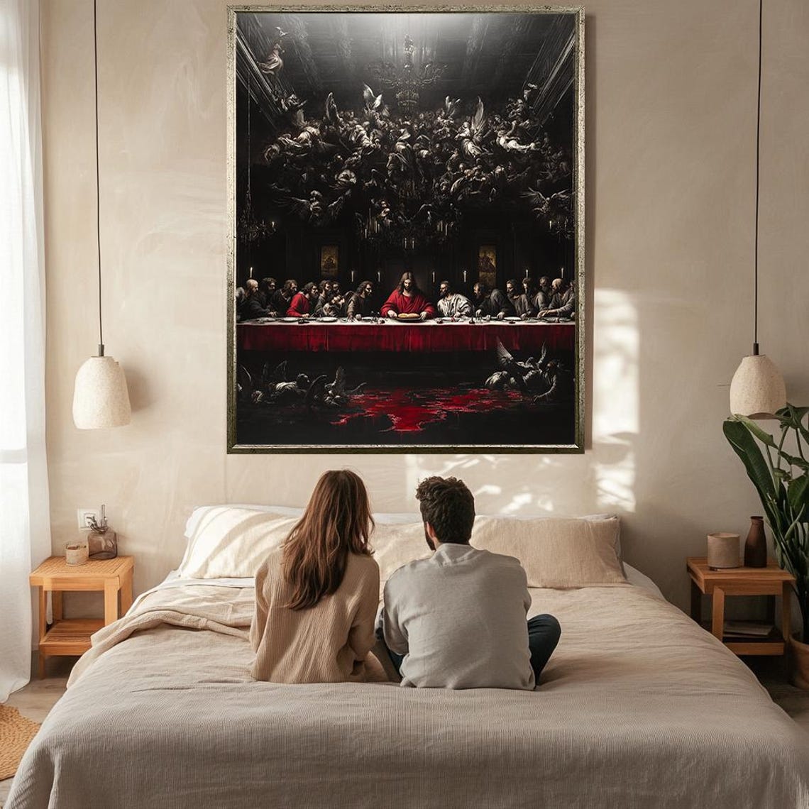 The Last Supper Dark Gothic Painting Jesus In Red With Angels Wall Art - Image 2