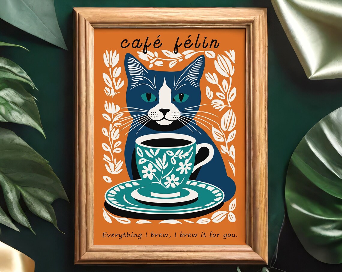 Café Félin Navy Cat With Floral Coffee Cup Vintage Wall Poster