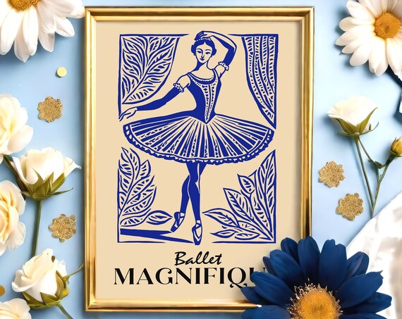 Ballet Magnifique Blue Ballerina Linocut Dance Elegant Poster