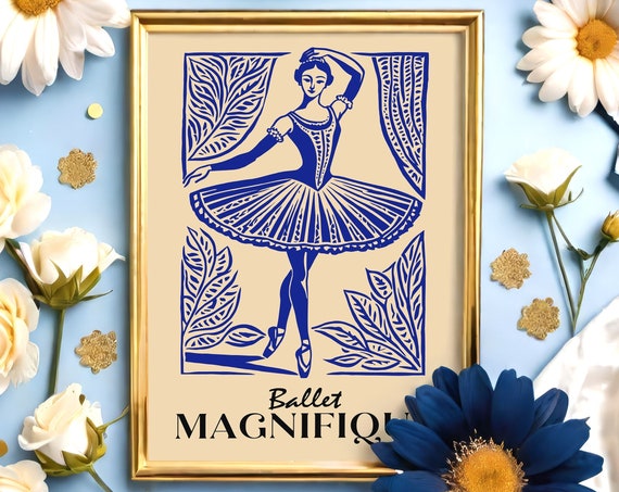 Linocut Style Ballerina Wall Art Indigo Blue Color Elegant Ballet Art Print Retro Dance Wall Decor Vintage Poster Classic Dance Studio