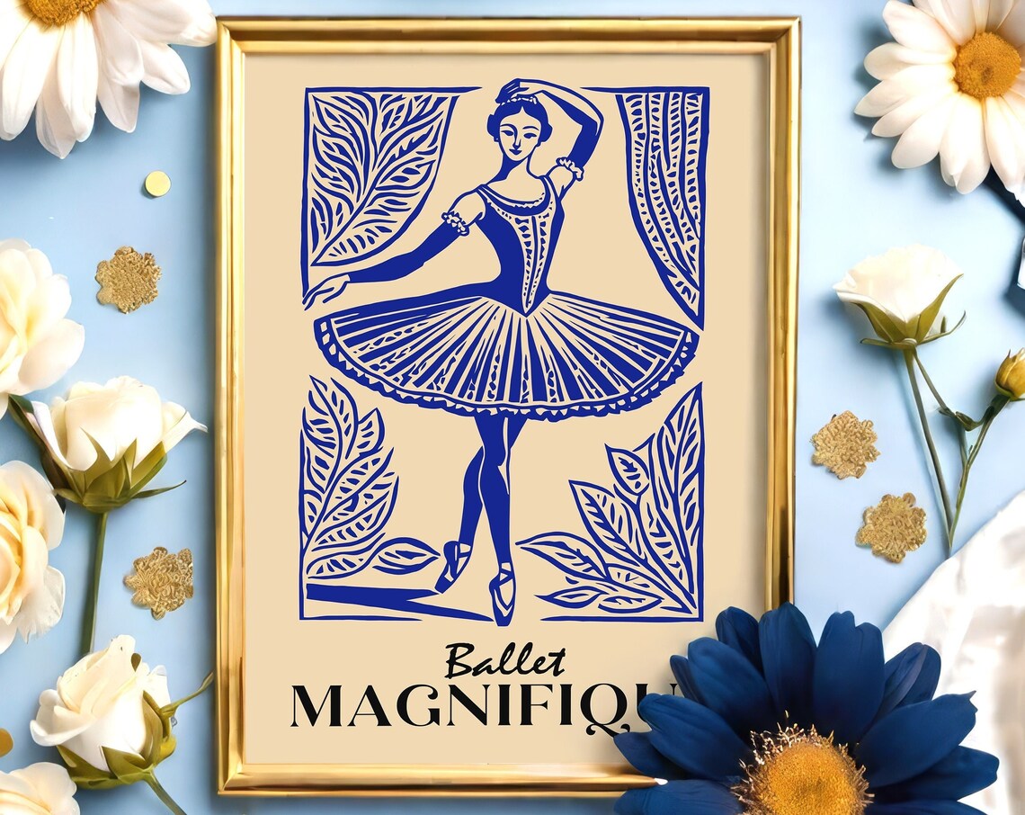 Ballet Magnifique Blue Ballerina Linocut Dance Elegant Poster