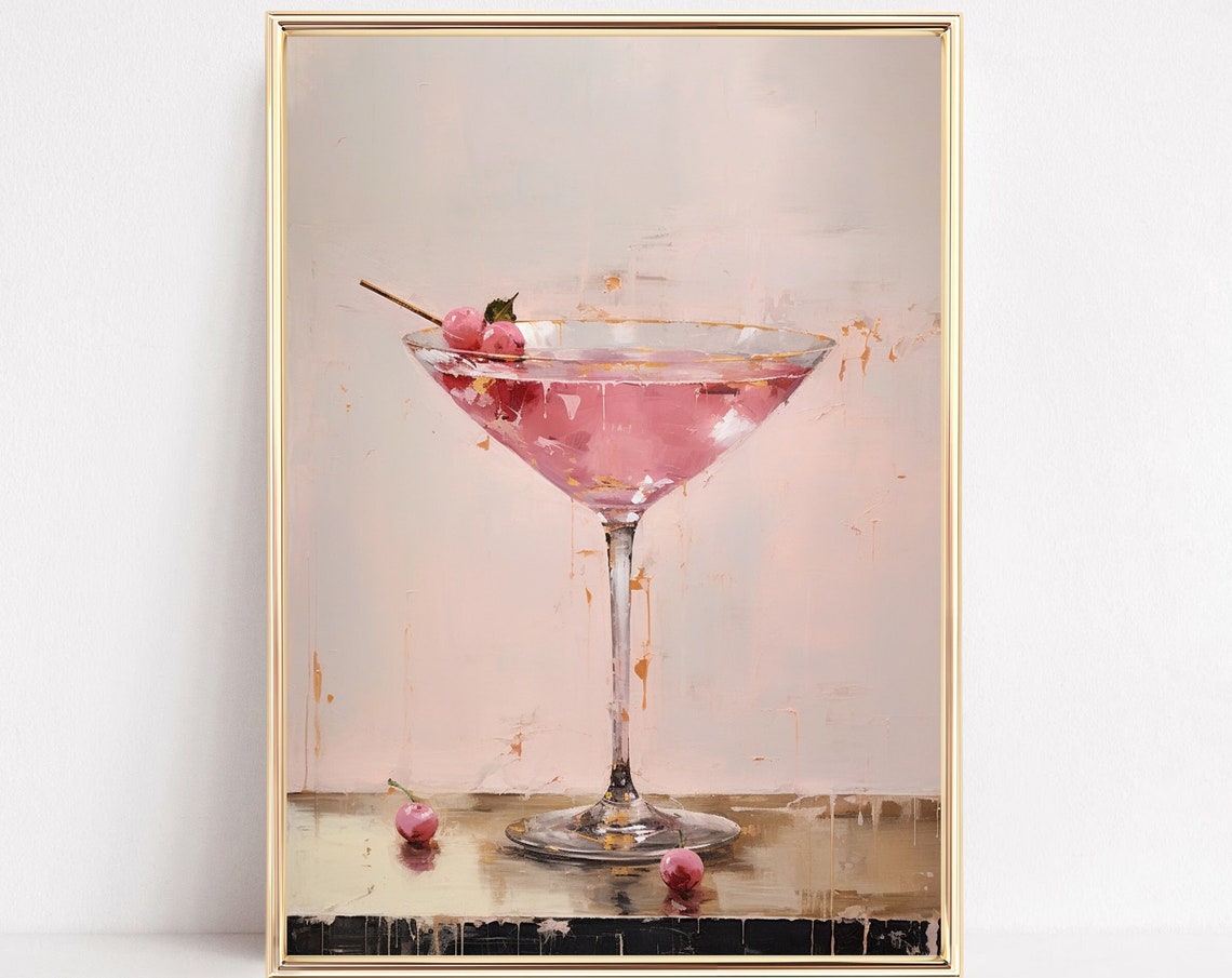 Pink Martini Cocktail With Cherries Blush Bar Cart Painting Poster