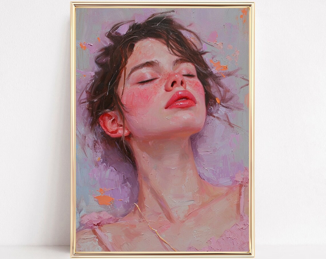 Pastel Preppy Girl Portrait Print Blush Pink Purple Watercolor Painting Poster Boho Wall Art Decor Teen Tween Girly Dorm Room Framed Canvas