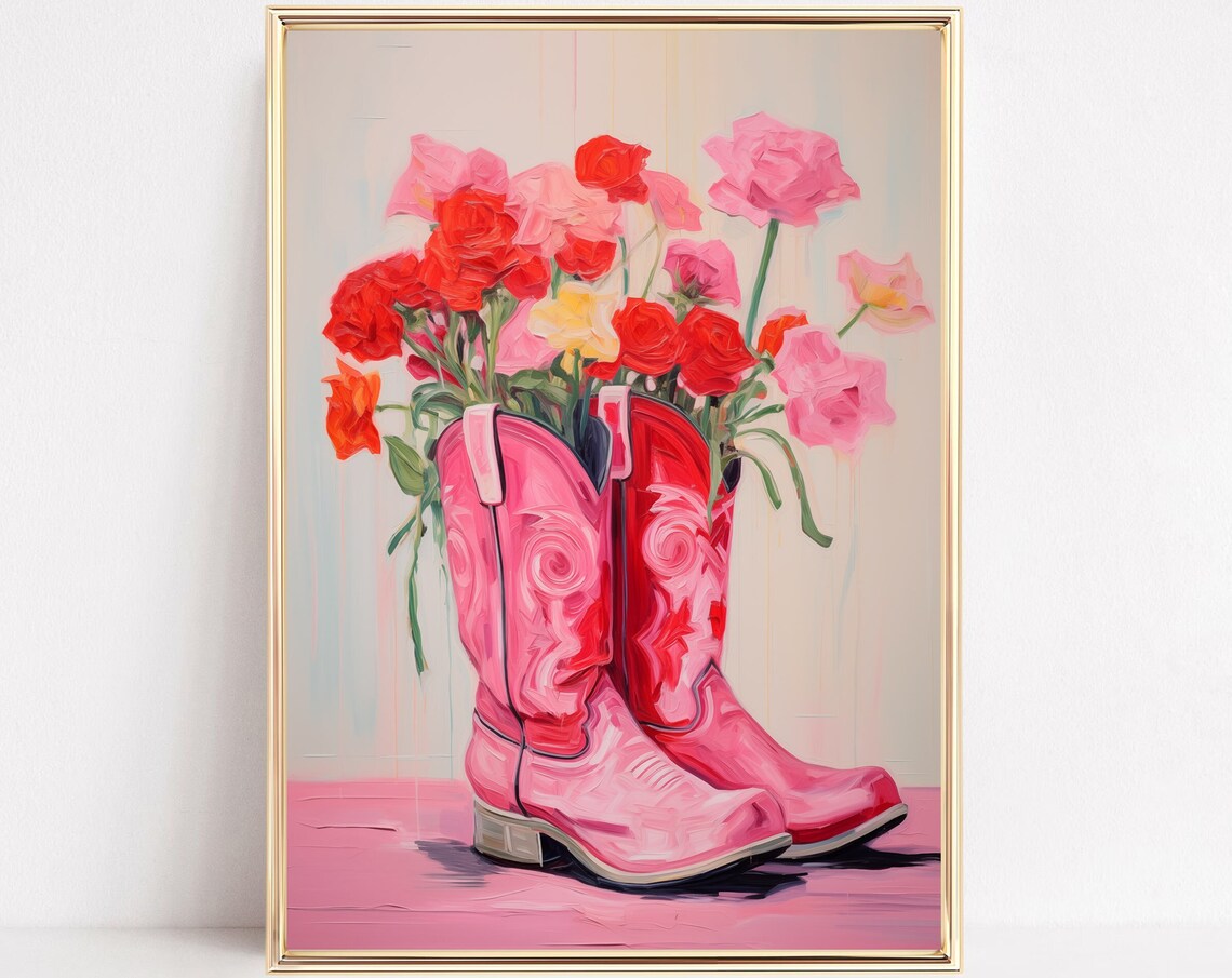 Floral Cowgirl Boots Watercolor Boho Art Print