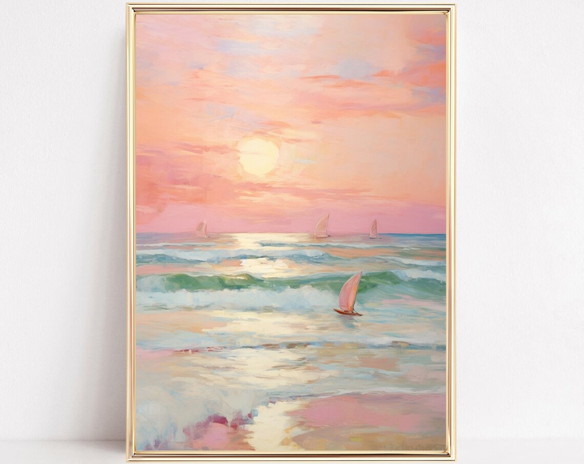 Pastel Sunset Coastal Beach Poster, Boho Ocean Art