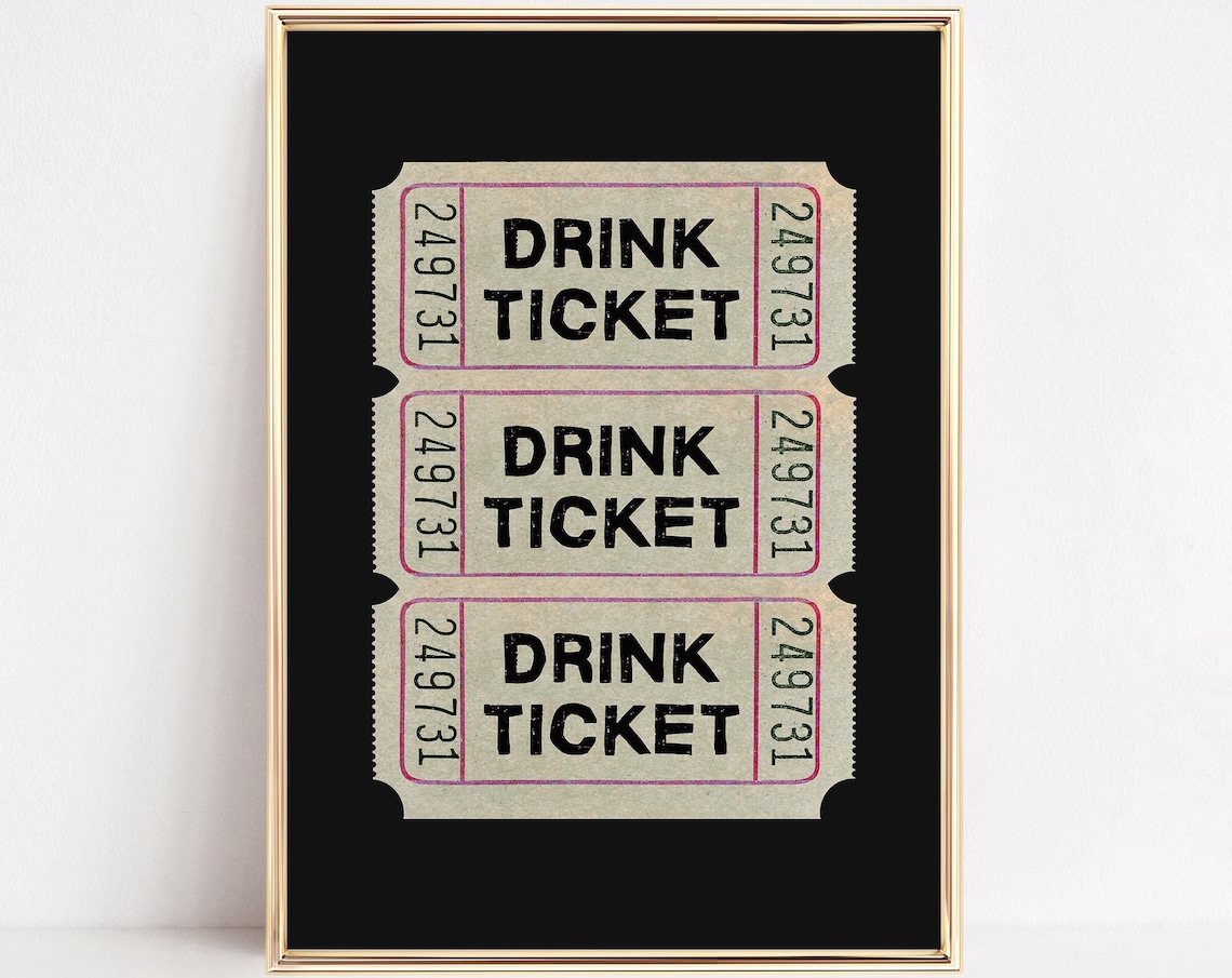 Vintage Drink Ticket Typography Poster, Retro Bar Cart Art