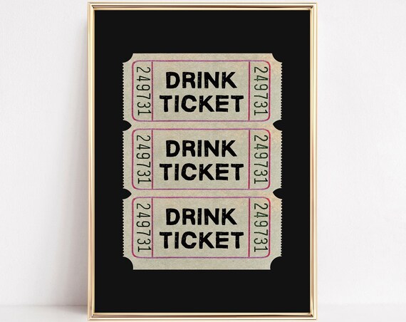 Vintage Drink Ticket Typography Poster, Retro Bar Cart Art