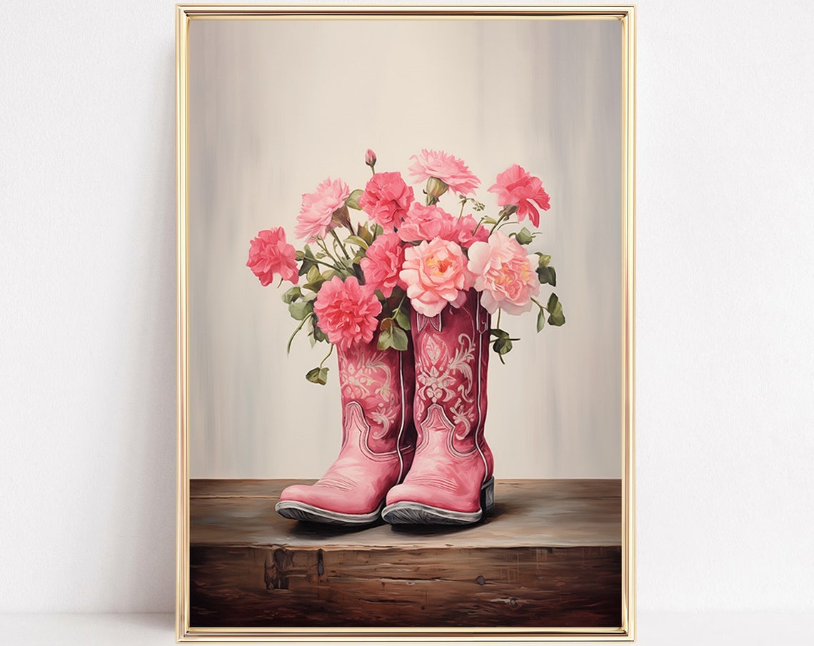 Floral Cowgirl Boots Print Western Nursery Country Farmhouse Preppy Painting Poster Boho Wall Art Decor Teen Girly Room Prints Framed Canvas