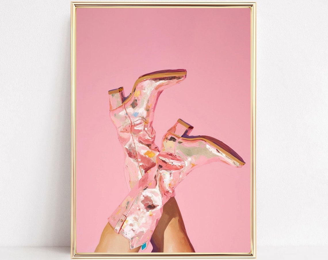 Pink Chrome Cowboy Boots Kicked Up Pop Art Western Statement Poster