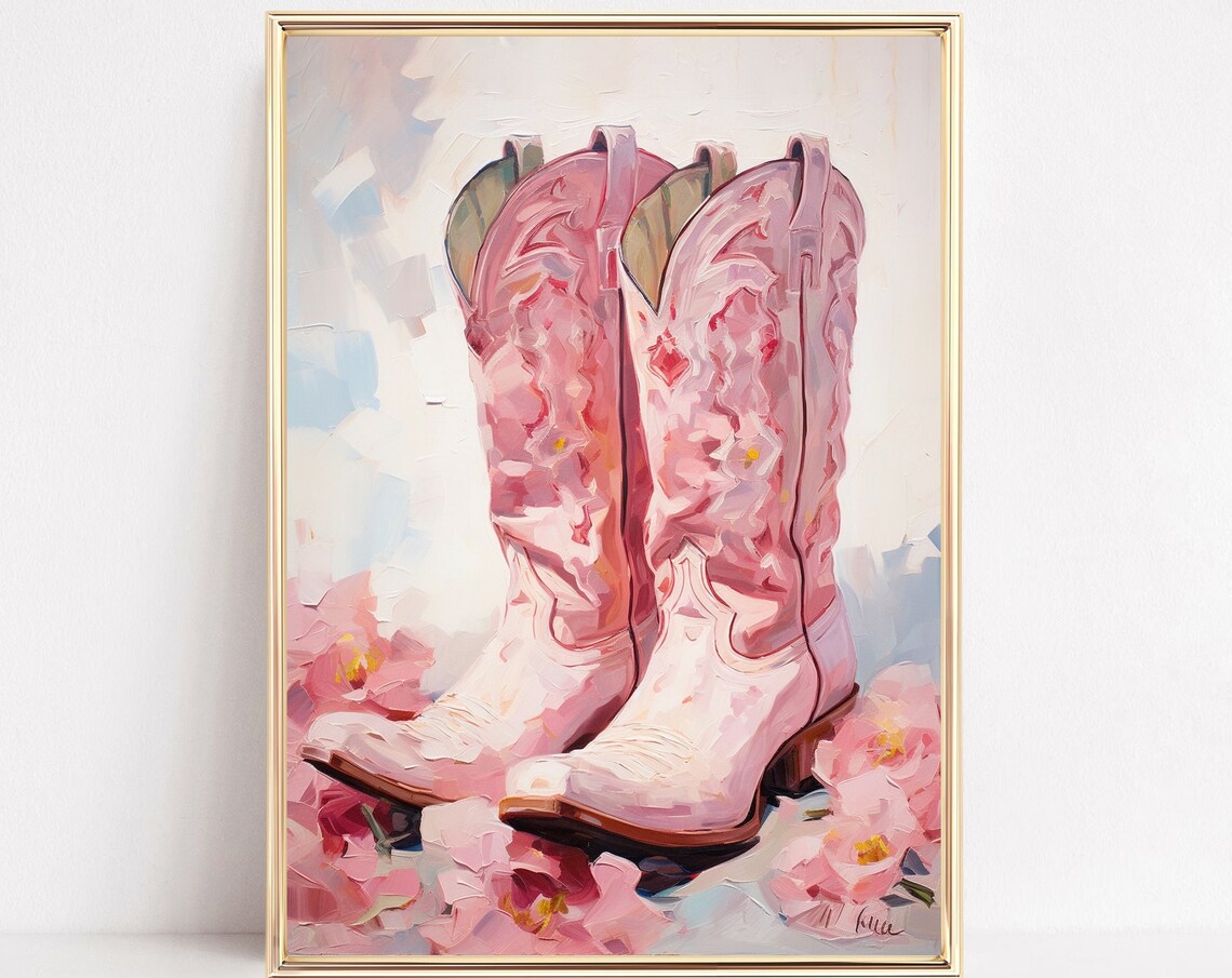 Pink Embroidered Cowboy Boots Watercolor Pink Flowers Western Poster