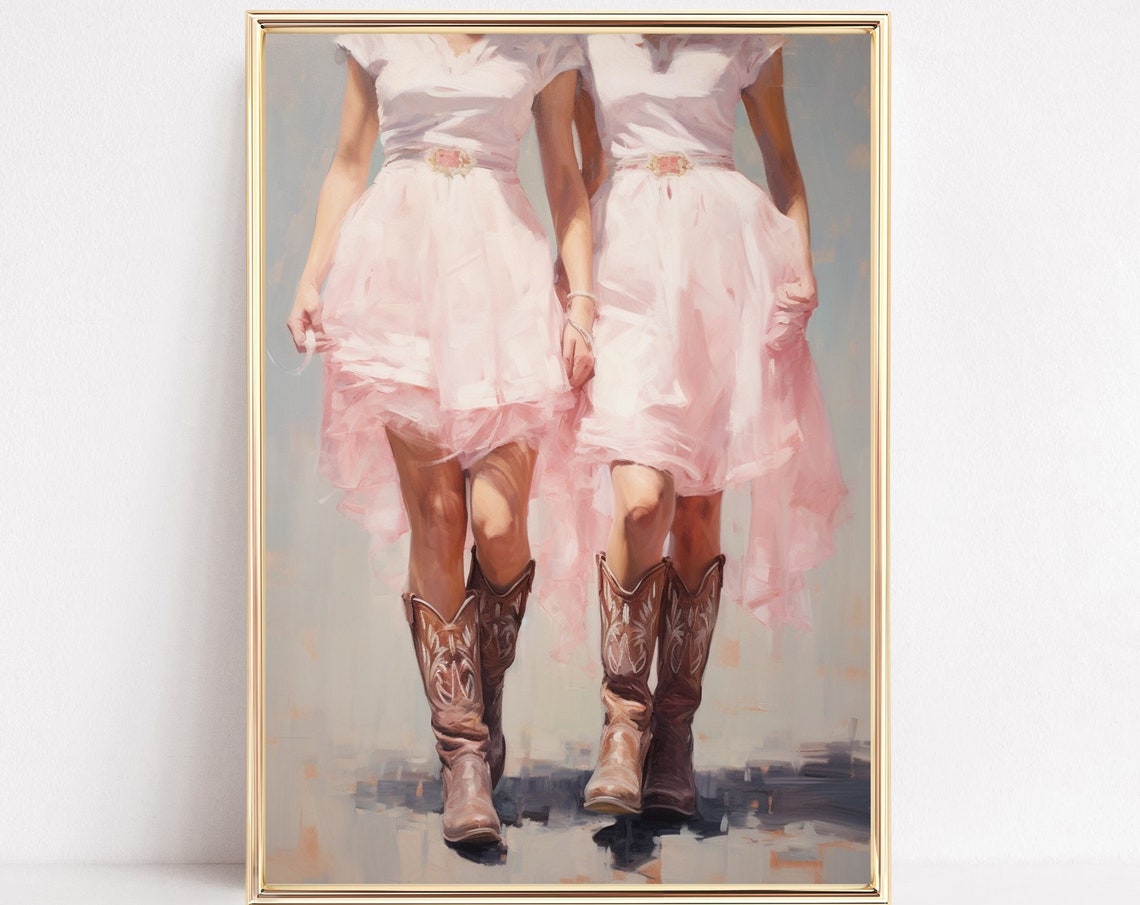2 Cowgirls In Pink Boots Print Western Country Coastal Preppy Painting Poster Boho Wall Art Decor Girly Teen Room Prints Framed Or Canvas