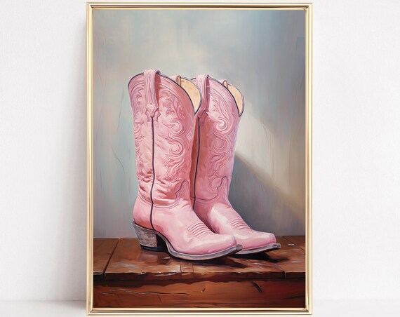 Pink Embroidered Cowboy Boots Western Still Life Painting Poster