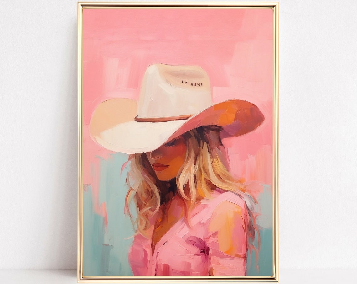 Preppy Blonde Cowgirl White Hat Pink Western Portrait Wall Print