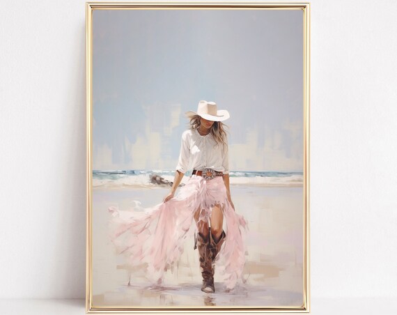 Pink Cowgirl On The Beach Watercolor Coastal Western Wall Art