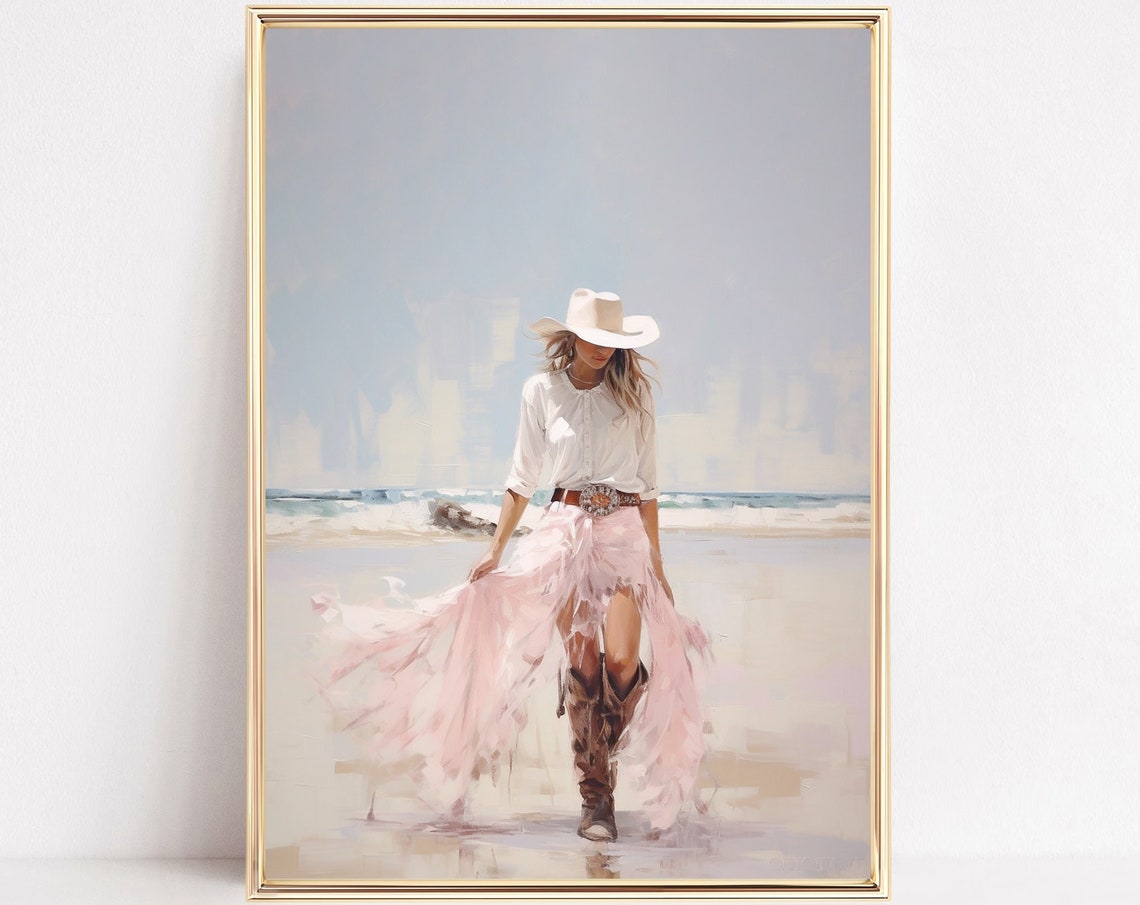 Pink Cowgirl On The Beach Watercolor Coastal Western Wall Art