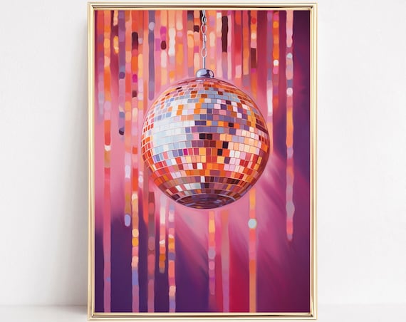 Disco Ball Shimmering Pink Curtain Painting Poster Retro Party Art