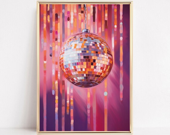 Pink Disco Ball Print Pastel Blush Preppy Bar Cart Mirrorball Poster Colorful Eclectic Wall Art Party Girly Dorm Room Decor Framed Canvas