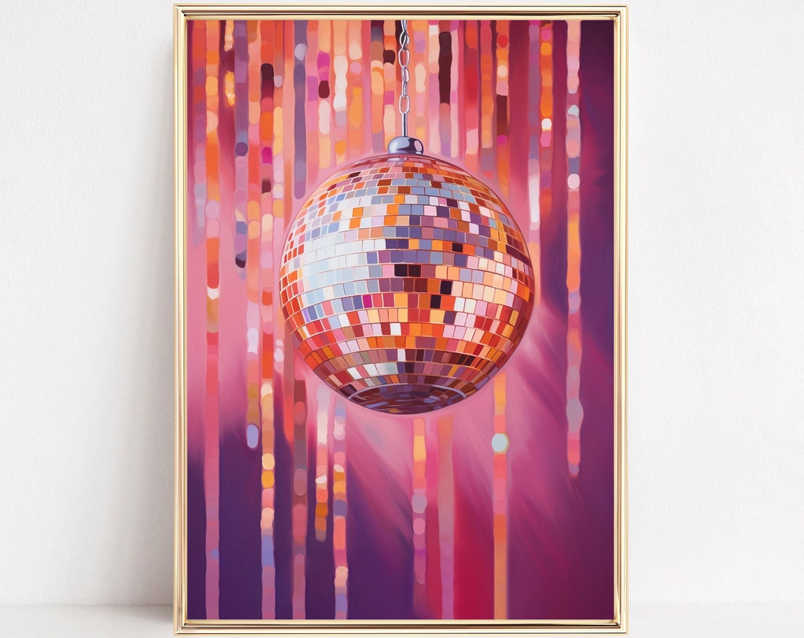 Disco Ball Shimmering Pink Curtain Painting Poster Retro Party Art