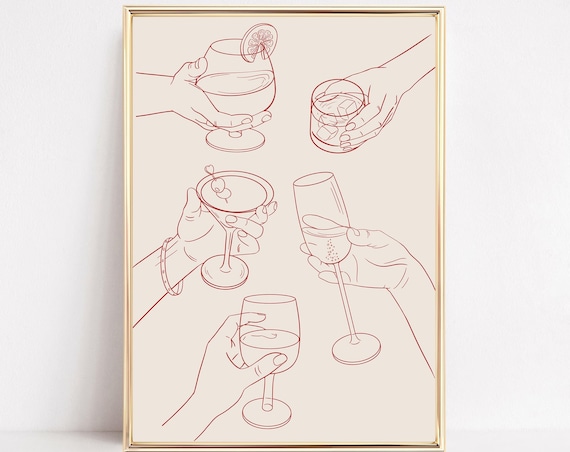 Elegant Blush Line Art Cocktail Glasses Toast Hands Bar Cart Poster