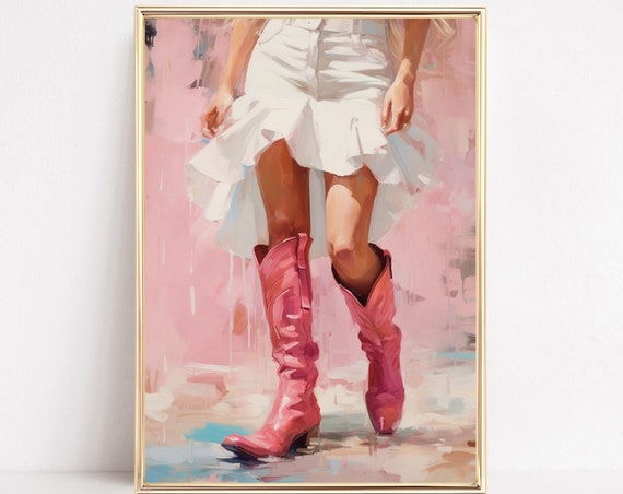 Cowgirl In Boots Print Pastel Pink Western Country Preppy Watercolor Painting Howdy Poster Boho Wall Art Decor Girly Dorm Room Framed Canvas