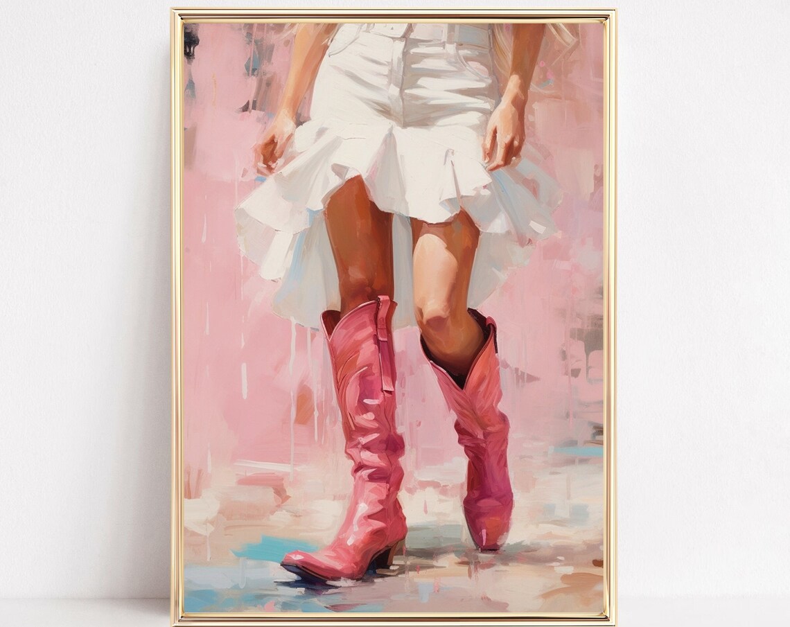 Cowgirl Pink Boots White Dress Pastel Western Preppy Art Poster
