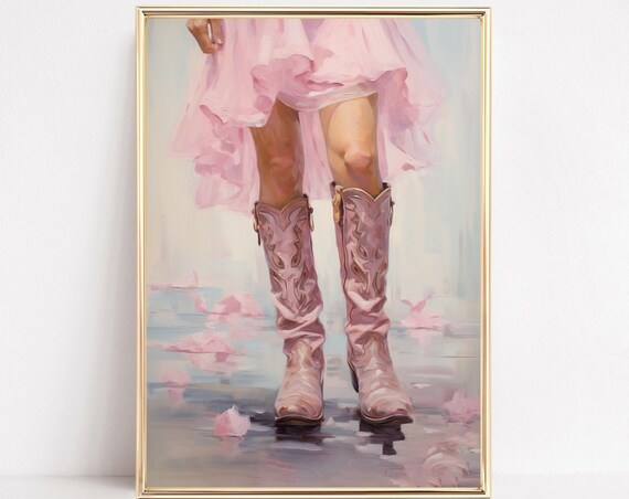 Pink Cowboy Boots With Rose Petals Soft Blush Western Poster