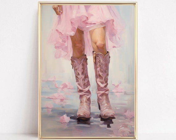 Preppy Soft Pink Cowgirl Boots Print Western Country Farmhouse Painting Poster Blush Boho Wall Art Decor Girly Teen Room Framed Or Canvas