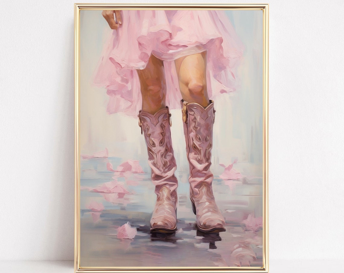 Pink Cowboy Boots With Rose Petals Soft Blush Western Poster