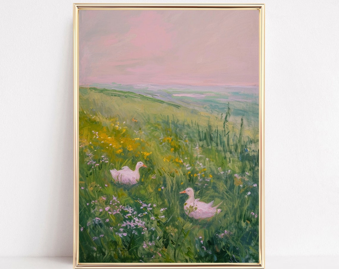 Pink Ducks Wandering Through Wildflower Meadow Impressionist Poster