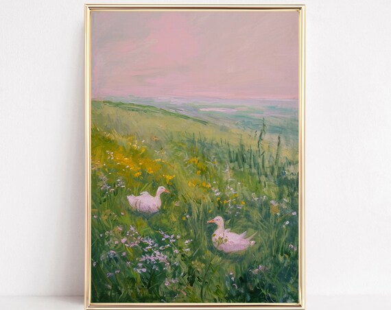Pink Ducks Wandering Through Wildflower Meadow Impressionist Poster