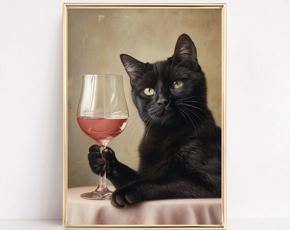 Black Cat Holding Glass Of Rose Wine Whimsical Animal Poster