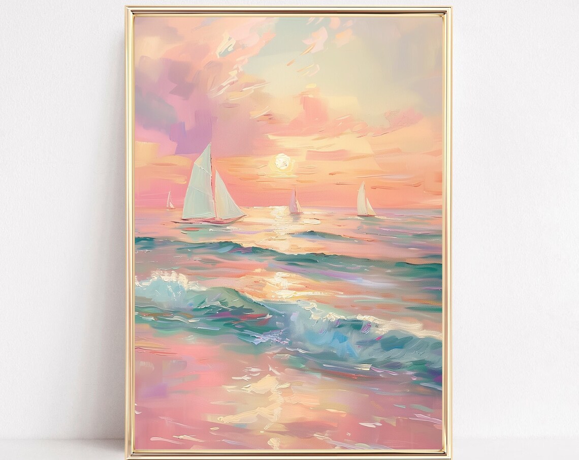Pastel Sunset Coastal Beach Poster, Boho Decor