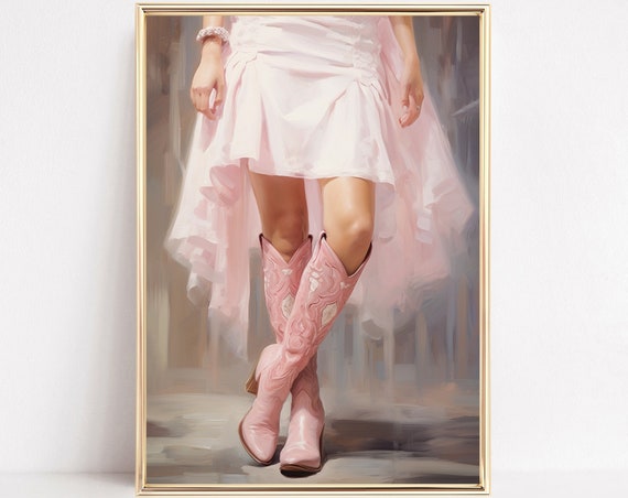 Cowgirl In Light Pink Boots Dress Print Howdy Watercolor Western Country Painting Poster Boho Wall Art Decor Girly Dorm Room Framed Canvas