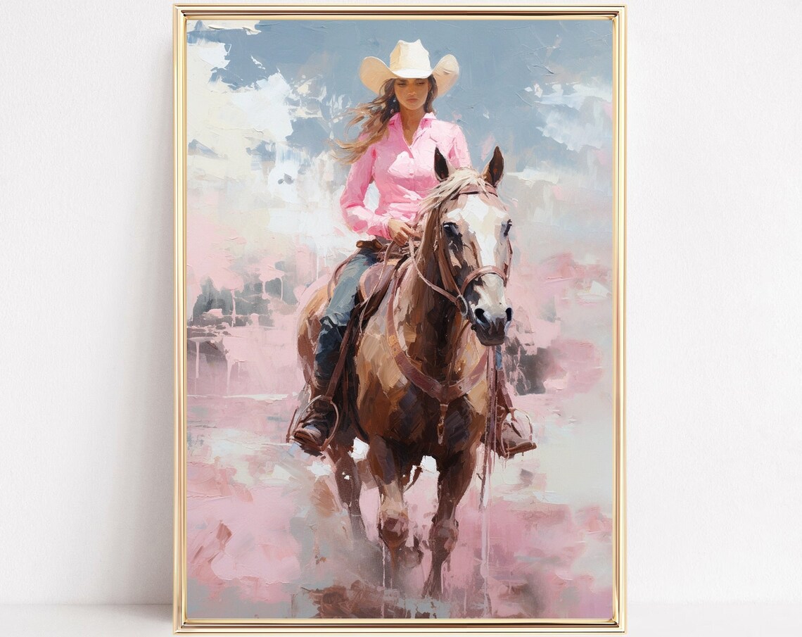 Cowgirl Riding Horse Preppy Pink Western Equestrian Art Poster