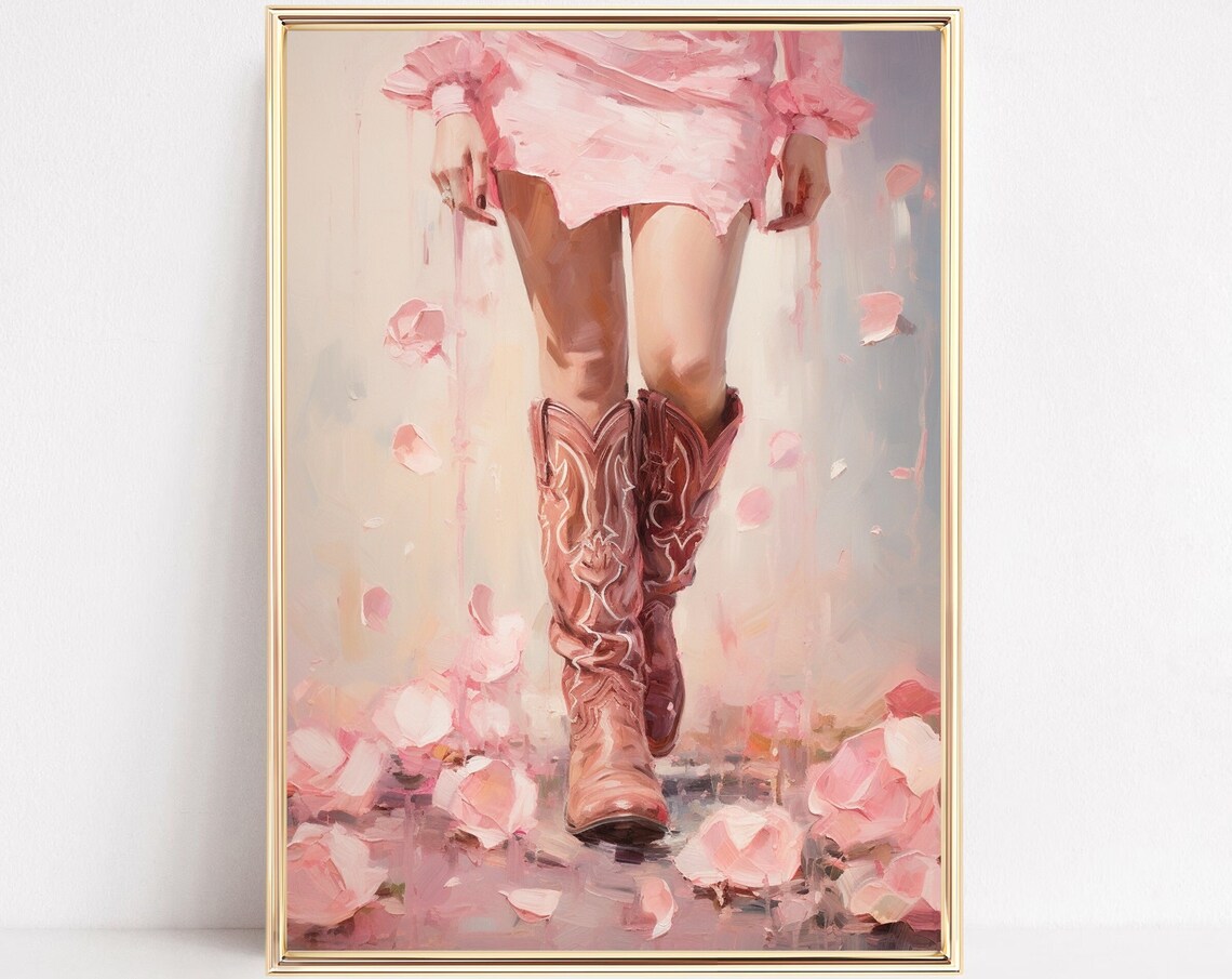 Cowgirl Boots Print Floral Pastel Pink Western Country Preppy Watercolor Painting Howdy Poster Boho Wall Art Decor Girly Room Framed Canvas