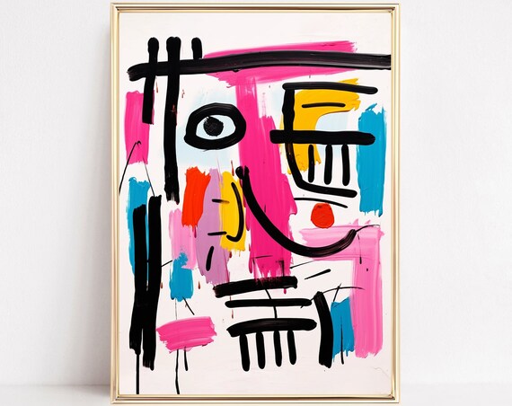 Abstract Face Print Line Shapes Art Pink Yellow Preppy Poster Modern Maximalist Wall Girly Dorm Colorful Boho Room Decor Framed Canvas