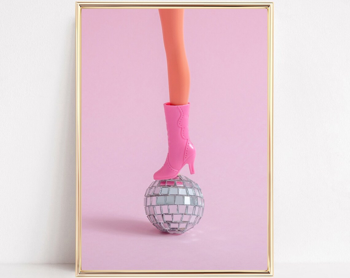 Pink Cowboy Boot Doll Leg Disco Ball Pop Art Poster Fun Decor