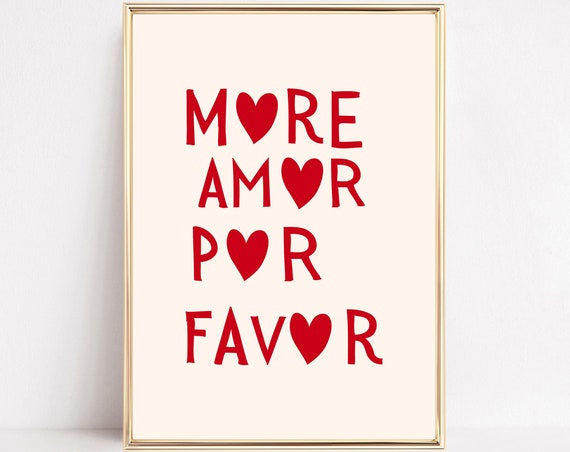 More Amor Por Favor Quote Print Poster Pastel Girly Preppy Red Dorm Room Typography Wall Art Heart Love Eclectic Funny Decor Framed Canvas