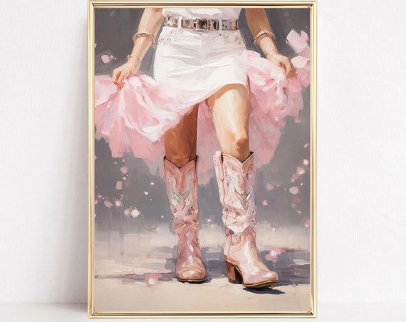 Cowgirl In Light Pink Boots Dress Print Howdy Watercolor Western Country Painting Poster Boho Wall Art Decor Girly Dorm Room Framed Canvas