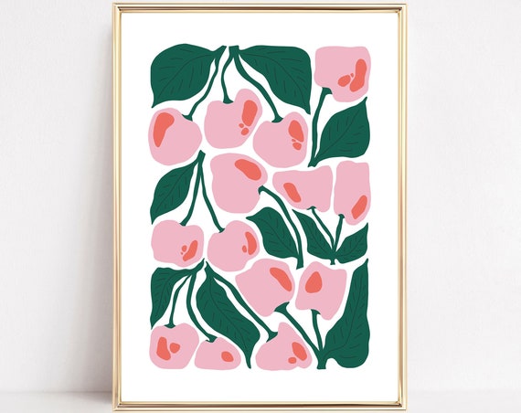 Pink Cherries Print Cherry Coquette Pastel Preppy Fruit Market Poster Canvas Boho Food Wall Art Blush Girly Kitchen Decor Framed