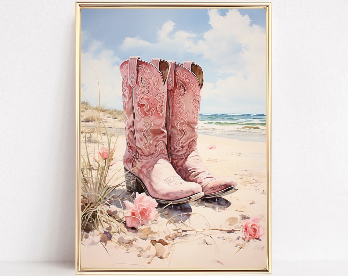 Cowgirl Pink Boots Print Western Country Coastal Farmhouse Preppy Painting Poster Watercolor Boho Wall Art Decor Girl Teen Room Frame Canvas